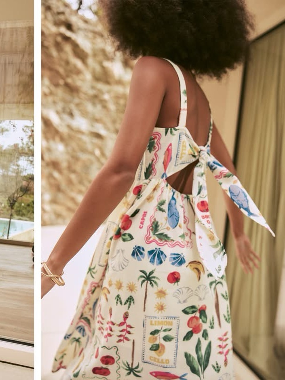 Square Neck Cream Midi Dress with Multicolour Botanical Coastal Italian Print - Picture 2 of 7
